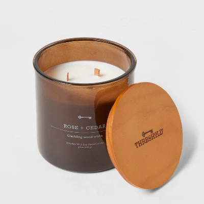 23oz XL 3-Wick Rose + Cedar Wooden Amber Glass With Wood Lid And Stamped Logo Amber - Threshold™ 3 23oz XL 3-Wick Rose + Cedar Wooden Amber Glass With Wood Lid And Stamped Logo Amber - Threshold™ - Image 2