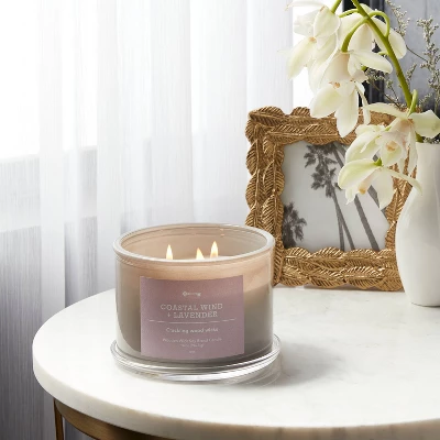 14oz Lidded Gray Glass Jar Crackling Wooden 3-Wick Candle With Paper Label Coastal Wind + Lavender - Threshold™ 3 14oz Lidded Gray Glass Jar Crackling Wooden 3-Wick Candle With Paper Label Coastal Wind + Lavender - Threshold™