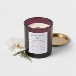 Clear Colored Glass With Woodwick And Brass Metal Inset Lid Spice Vanilla Fig Candle Purple - Threshold™ -Threshold GUEST 3218073d 77b4 4685 ae1f ff9b3ca7cf80