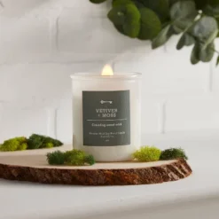 9oz Milky White Glass Woodwick Candle With Wood Lid And Stamped Logo Vetiver And Moss - Threshold™