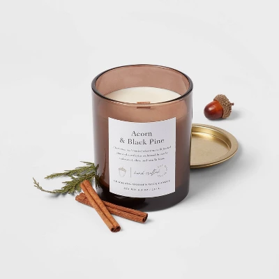 Clear Colored Glass With Woodwick And Brass Metal Inset Lid Acorn + Black Pine Candle Brown - Threshold™ 4 Clear Colored Glass With Woodwick And Brass Metal Inset Lid Acorn + Black Pine Candle Brown - Threshold™ - Image 2
