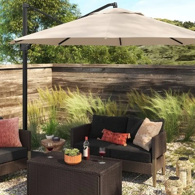 11'x11' Offset Patio Umbrella Tan - Black Pole - Threshold™ 3 11'x11' Offset Patio Umbrella Tan - Black Pole - Threshold™