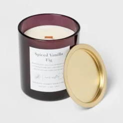 Clear Colored Glass With Woodwick And Brass Metal Inset Lid Spice Vanilla Fig Candle Purple - Threshold™ -Threshold GUEST 851e53a4 1b0e 449b 92ac ac1f0d30a37e