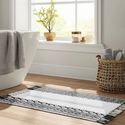 20"x32" Striped Fringe Bath Rug Black/White - Threshold™ 3 20"x32" Striped Fringe Bath Rug Black/White - Threshold™