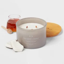 14oz Lidded Gray Glass Jar Crackling Wooden 3-Wick Candle With Clear Label Coconut And Honey - Threshold™ -Threshold GUEST c1ddd42b 8509 4dea 8bc4 2926df3a61b7