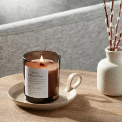 Clear Colored Glass With Woodwick And Brass Metal Inset Lid Acorn + Black Pine Candle Brown - Threshold™