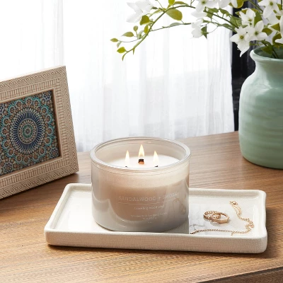 14oz Lidded Gray Glass Jar Crackling Wooden 3-Wick Candle With Clear Label Sandalwood + Smoke - Threshold™ 3 14oz Lidded Gray Glass Jar Crackling Wooden 3-Wick Candle With Clear Label Sandalwood + Smoke - Threshold™