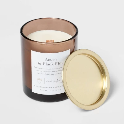 Clear Colored Glass With Woodwick And Brass Metal Inset Lid Acorn + Black Pine Candle Brown - Threshold™ 5 Clear Colored Glass With Woodwick And Brass Metal Inset Lid Acorn + Black Pine Candle Brown - Threshold™ - Image 3